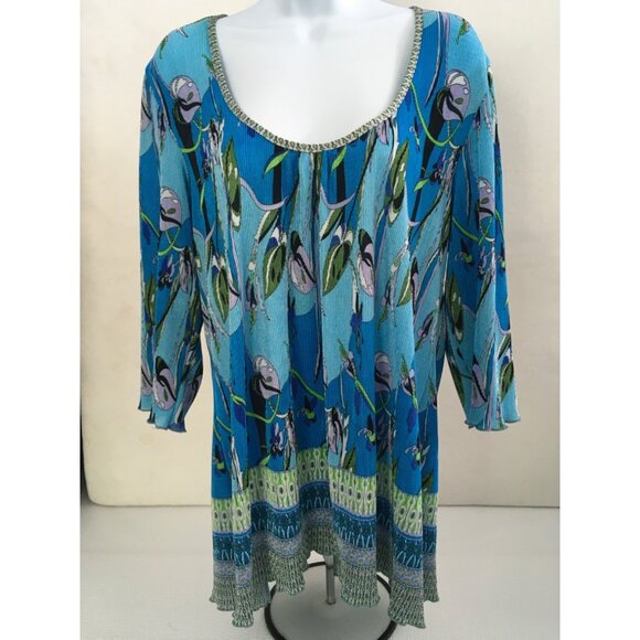 Notations Top Women Size 1X Crinkle Blue Green Black Gray Floral 3/4 Sleeves - Picture 5 of 14